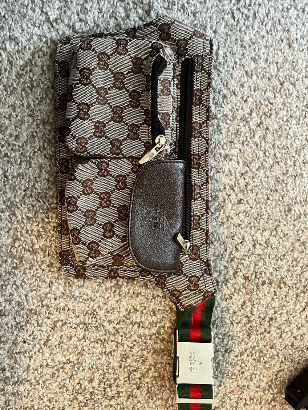 Gucci Brown GG Supreme Canvas Belt Bag with Green-Red Web Strap